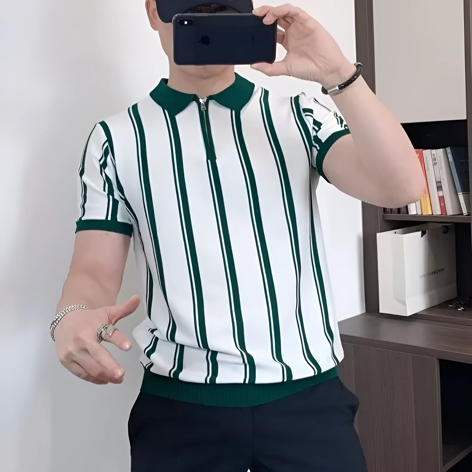 Men's Korean vintage stripe T-shirt with zipper detail and cartoon pattern