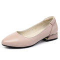 Beige low top casual shoes with pointed toe, buckle fastening, and a thick flat heel.