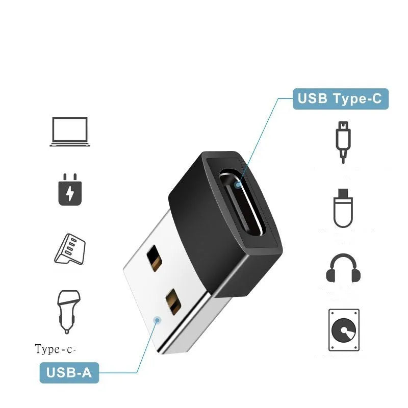 USB to Type-C adapter showing black and silver colour options with USB male and Type-C female connectors
