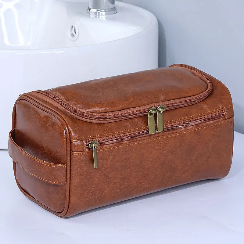 Retro style waterproof cosmetic bag in PU leather or Oxford cloth with large capacity for makeup and skincare storage
