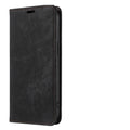 Magnetic flip phone case for iPhone in leather and TPU, shown closed and open with cards in slots.
