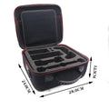 Black EVA game console accessory storage bag showing dimensions for organising controllers and cables.