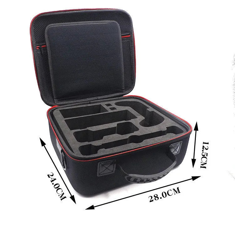 Black EVA game console accessory storage bag showing dimensions for organising controllers and cables.