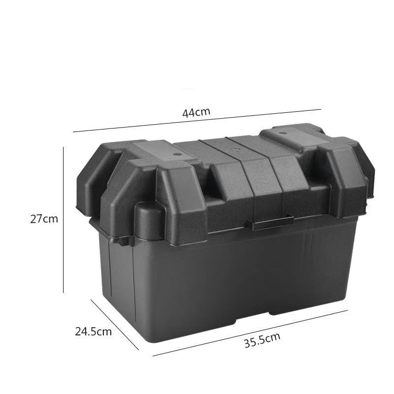 Black PP plastic battery storage box with strap and base screw fixing system shown in two size options