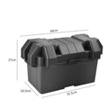 Black PP plastic battery storage box with strap and base screw fixing system shown in two size options