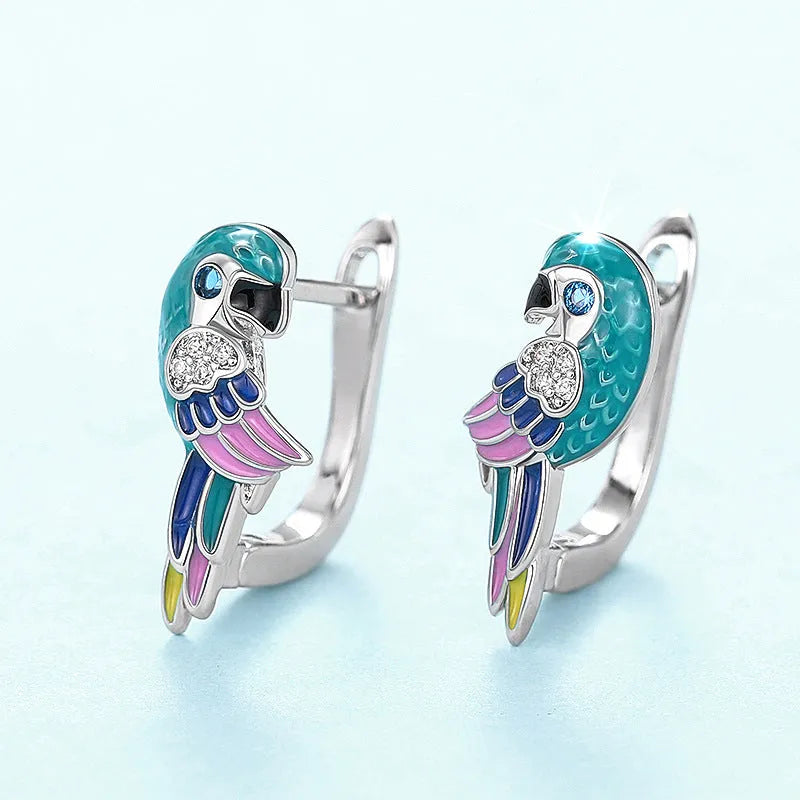 Parrot bird ear clips in white gold colour with copper body and inlaid zircon, cute animal design for women