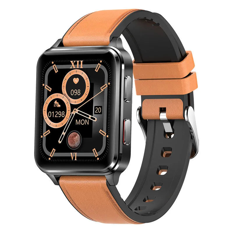 Air Type multi-sport smartwatch with 1.70-inch tempered glass screen and silicone wristband in blue, black, red, or leather options