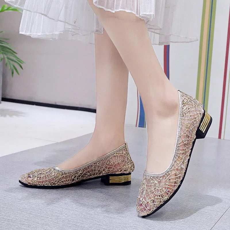 Women's low-cut summer casual flats in solid silver or gold, breathable microfiber and composite, sizes 35-42