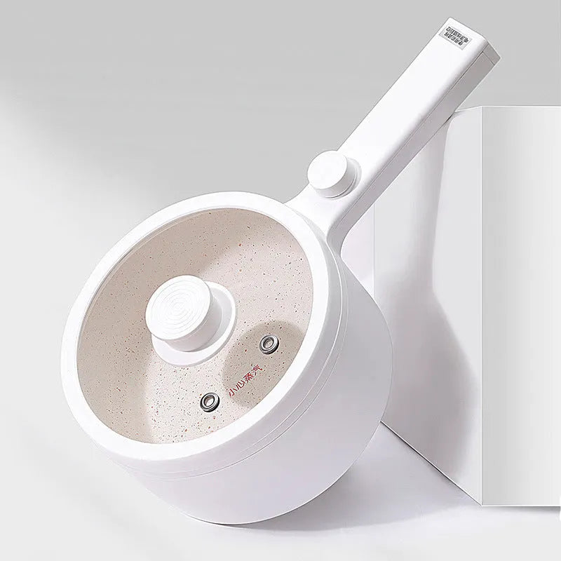 White mini electric cooking pot with 600W power and multiple cooking functions including boiling, steaming and frying
