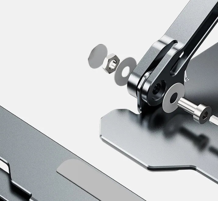 Grey adjustable aluminium laptop stand holding a silver laptop, shown in a folded and unfolded position.