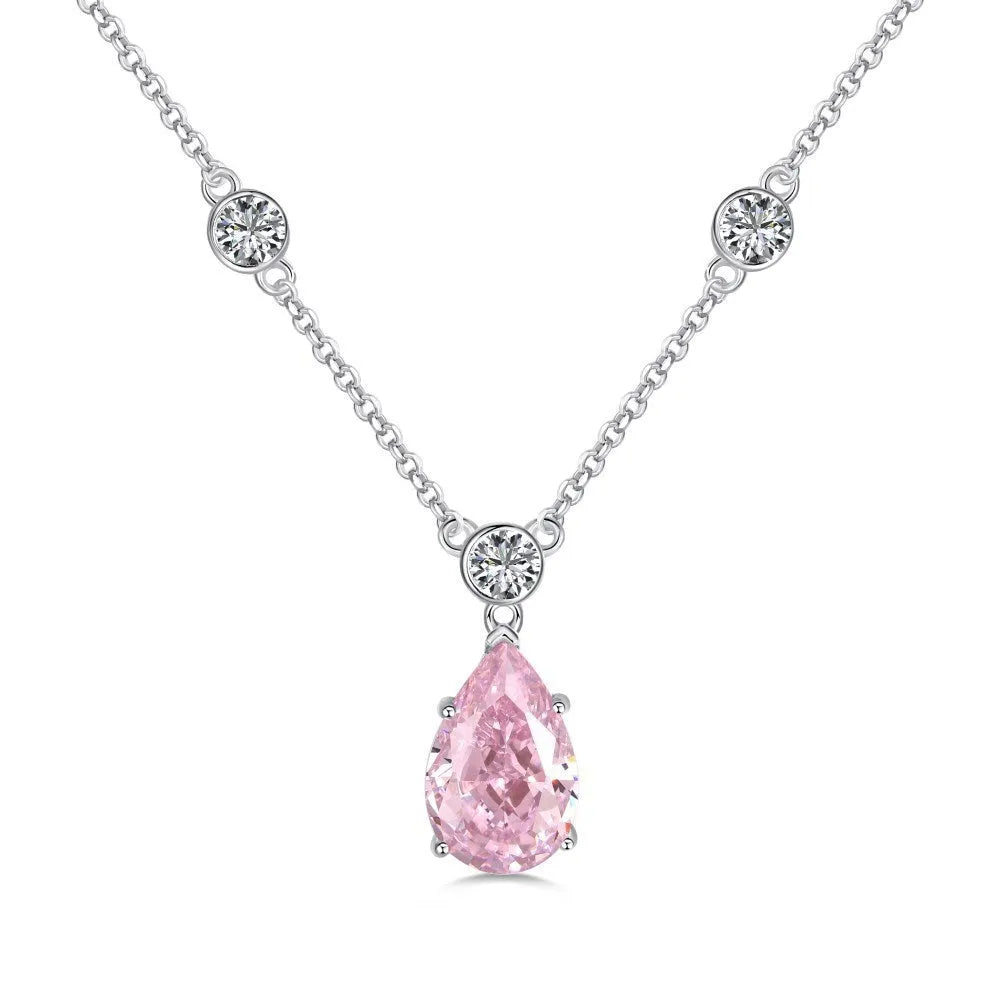 925 silver electroplated drop-shaped necklace in platinum white diamond finish on display