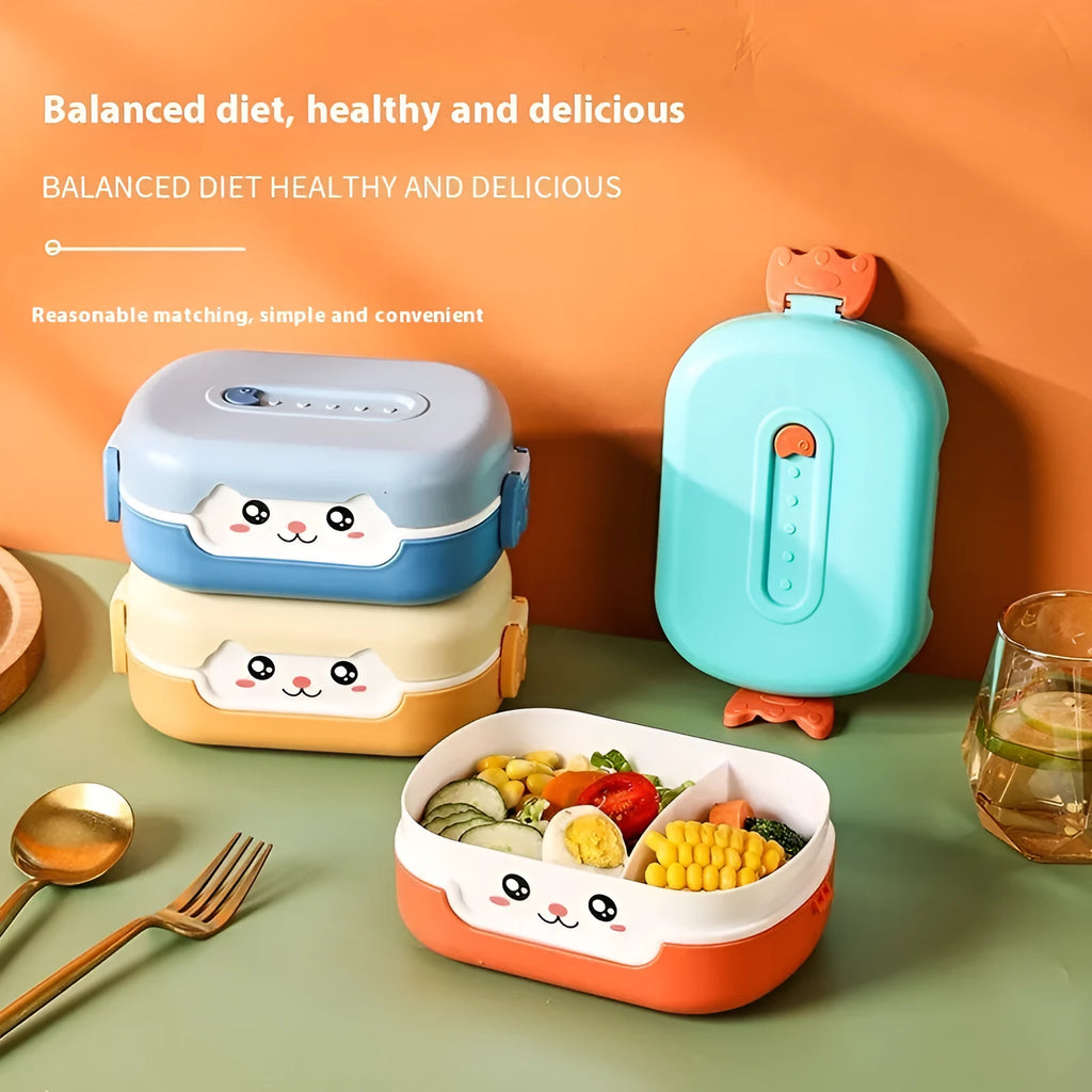 Square divided plastic lunch box with cartoon design in dark blue, orange, or pink-green colours