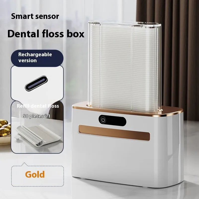 Intelligent induction dental floss box in dark grey, light grey, and gold colour options.