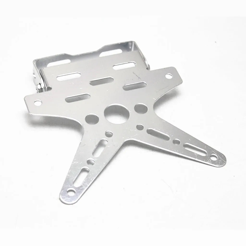 Aluminium alloy bat-shaped motorcycle licence plate frame in black with adjustable angle on rear of bike
