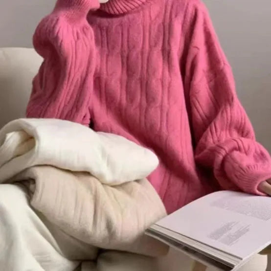 Twisted high-neck women's sweater in loose pullover style with long sleeves, polyester fabric, one size, seven colours available