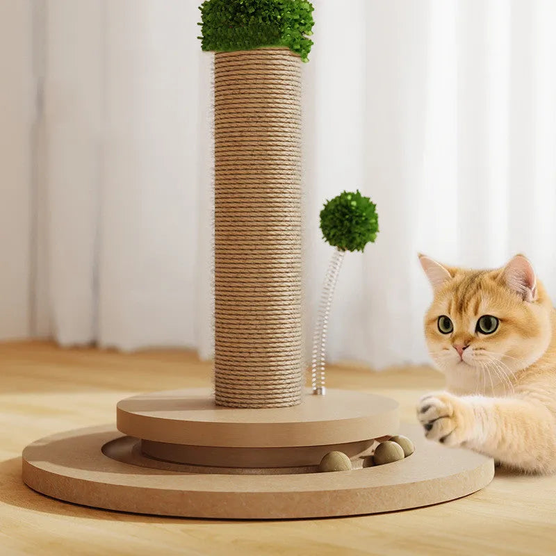 Tall vertical cat scratching post with natural hemp rope wound around a canna-coloured density board column.