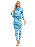 Conservative Muslim swimsuit three-piece set with apron in blue, white, or light green colour options.