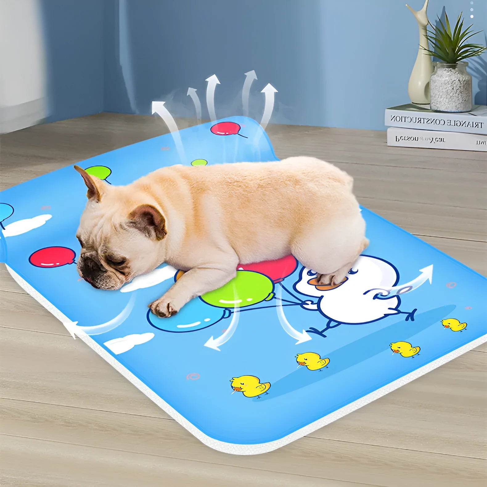 Blue running duck print cooling dog mat with raised pillow on non-slip waterproof fabric backing