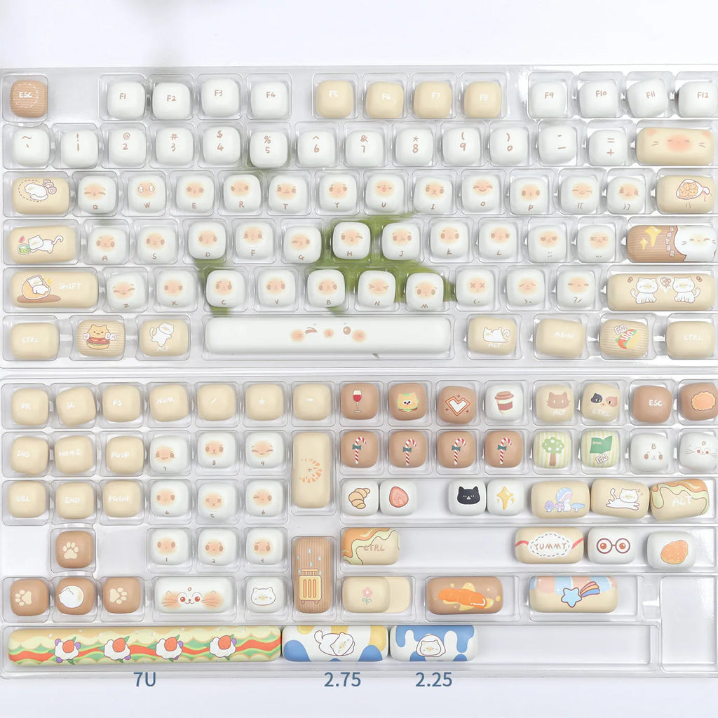 PBT mechanical keyboard keycap set showing 7u march past steamed bread and cat design.