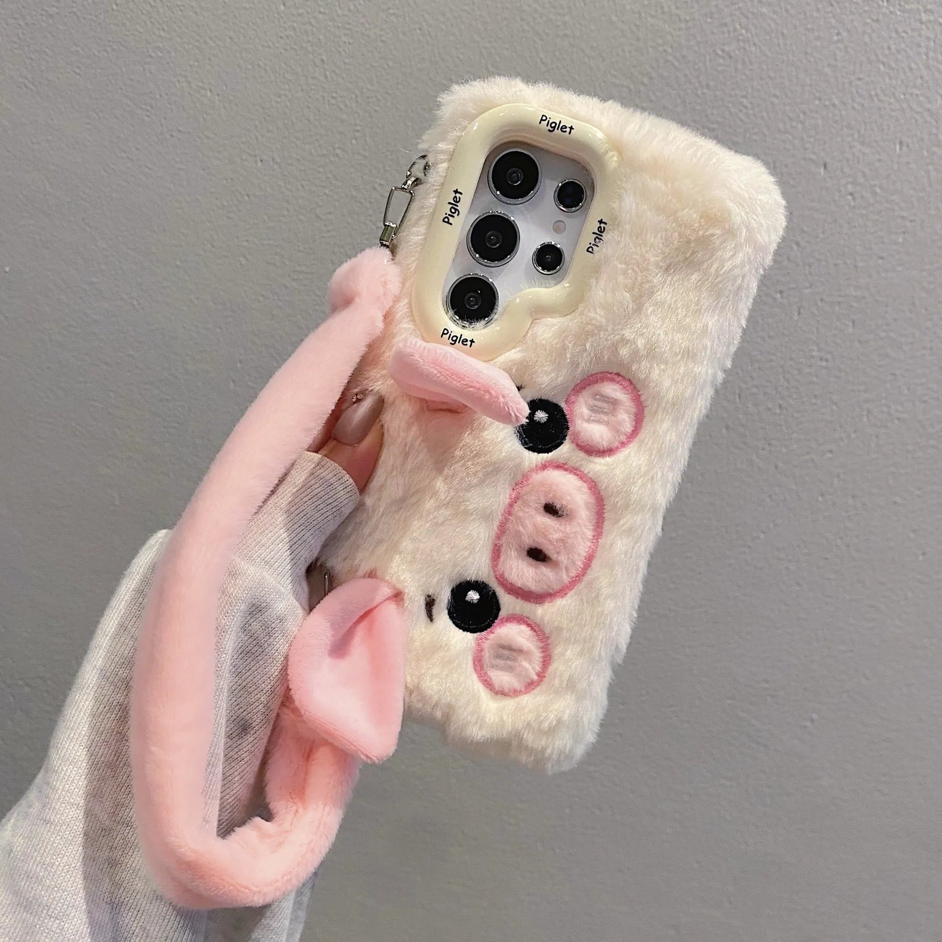 Plush cute piggy phone case with bracket on pink and white soft furry fleece cloth for Samsung smartphones