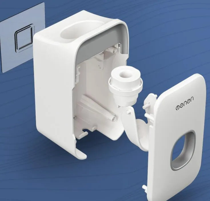 Blue automatic toothpaste dispenser made of ABS plastic mounted on a bathroom wall.
