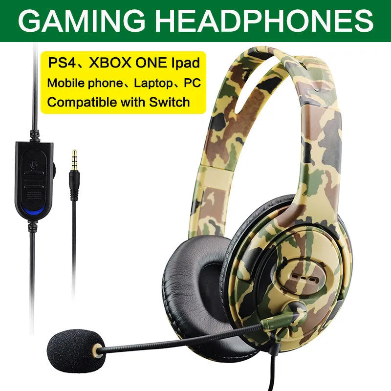 Camouflage gaming headset with 50mm bass driver, 3.5mm plug, and microphone for PS4 and PC