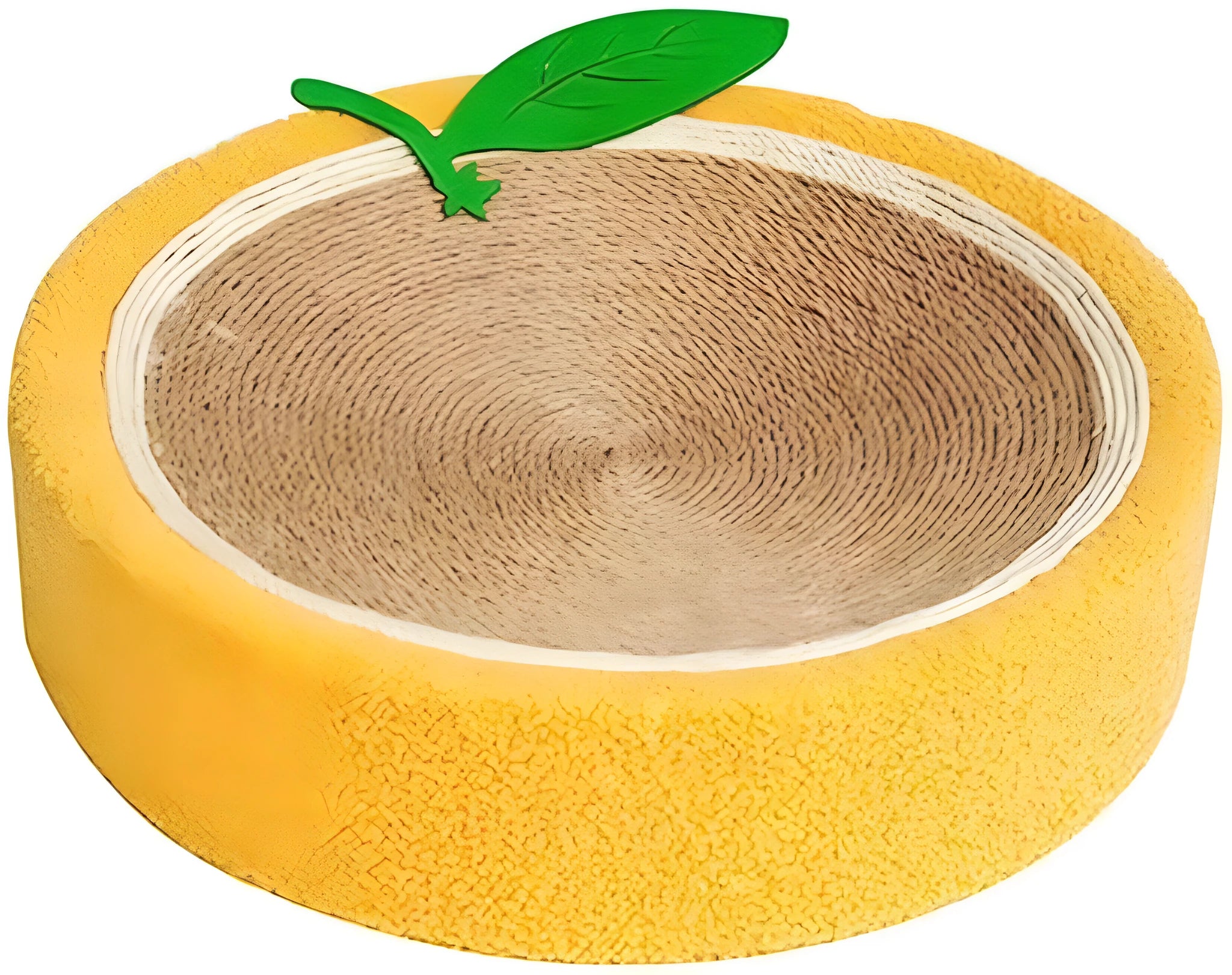 Yellow round cat scratching board and bed with sisal surface for small breed cats.