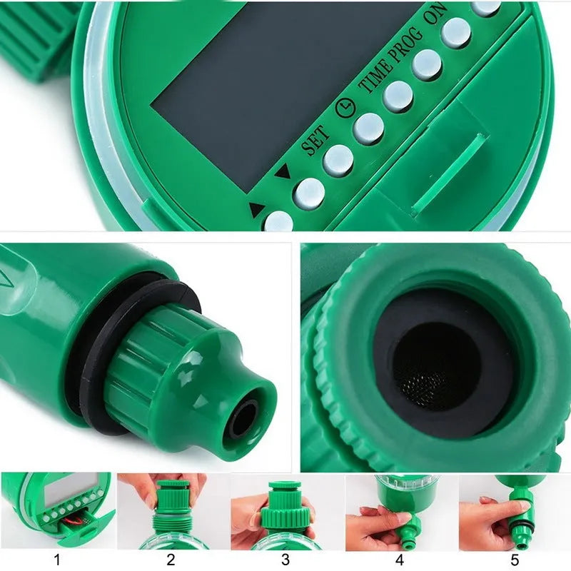 Green plastic automatic watering timer with digital display for garden hose connection.