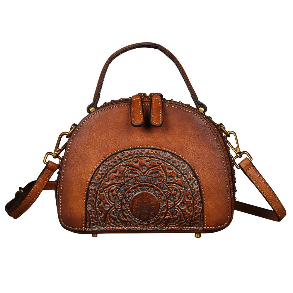 Vintage suede cowhide leather handbag showing interior organisation compartments