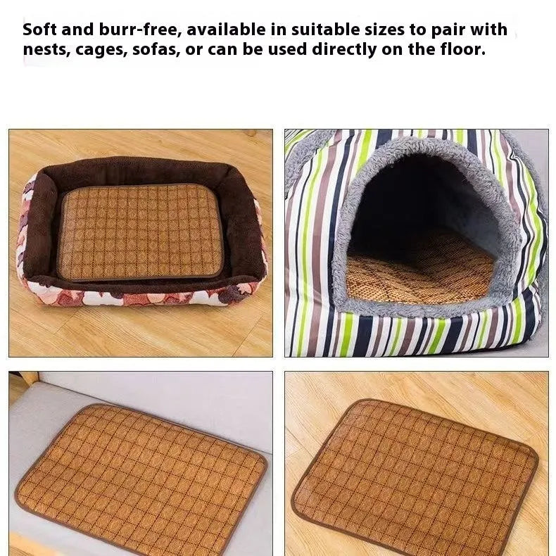 Brown rattan fibre cooling mat for dogs, shown in a large size for summer use.