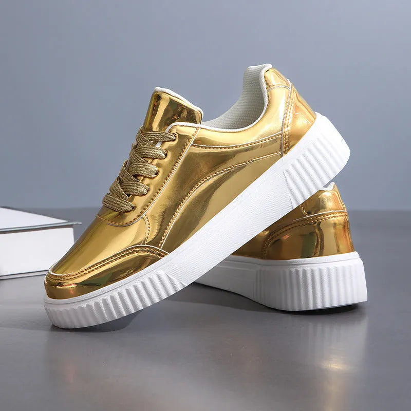 Rose gold platform sneakers with sequin details and a thick MD sole.