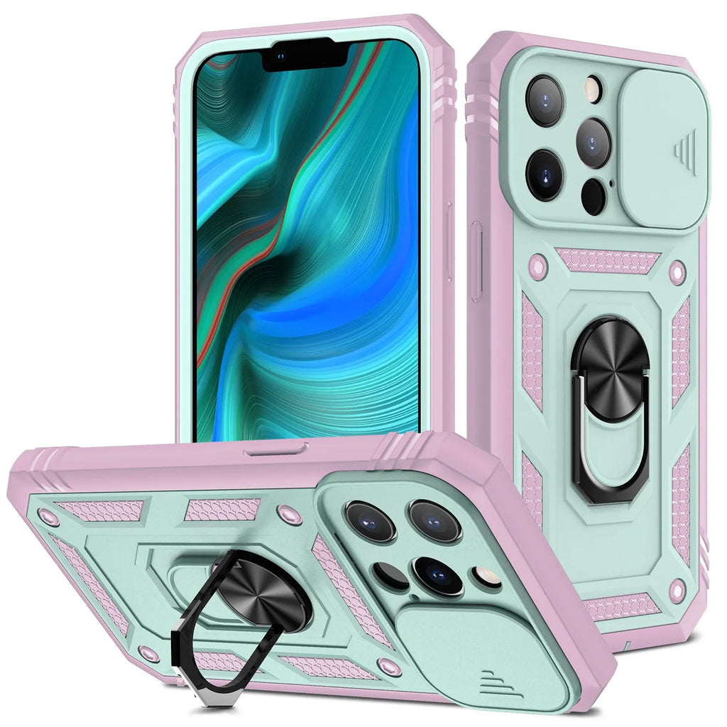 Magnetic sliding window back cover case for iPhone 12 and 13 phones in sapphire blue colour.