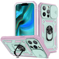 Magnetic sliding window back cover case for iPhone 12 and 13 phones in sapphire blue colour.