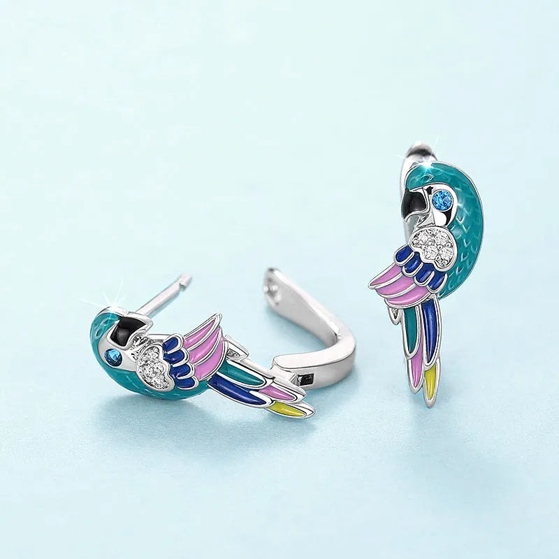 Parrot bird ear clips in white gold colour with copper body and inlaid zircon, cute animal design for women