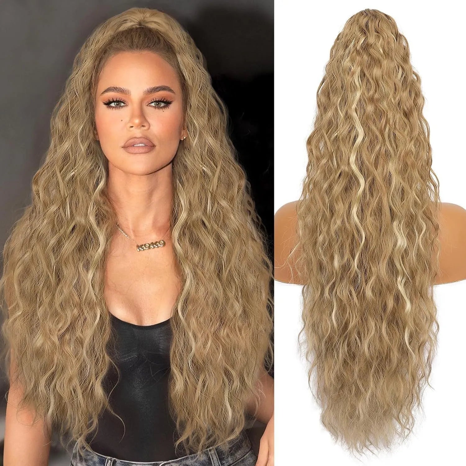 Long 30-inch curly ponytail wig in high temperature fibre for costume and cosplay.