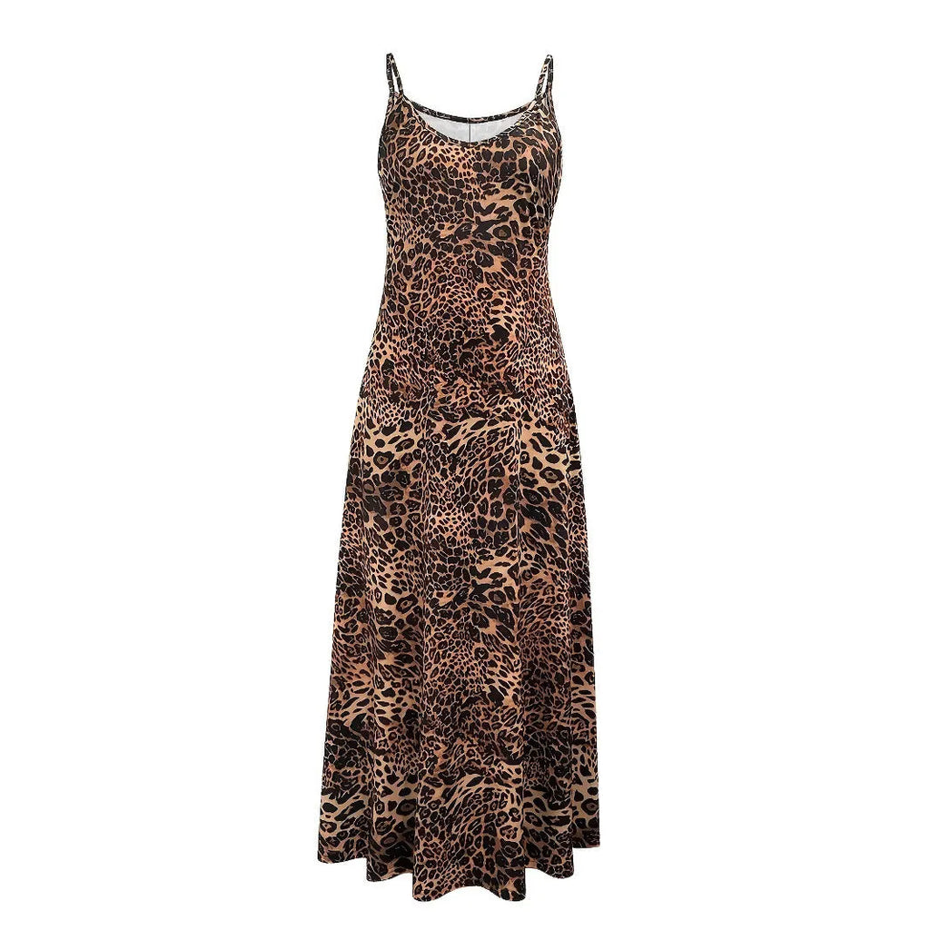 Dark brown leopard print sleeveless casual dress with shoulder straps and long skirt