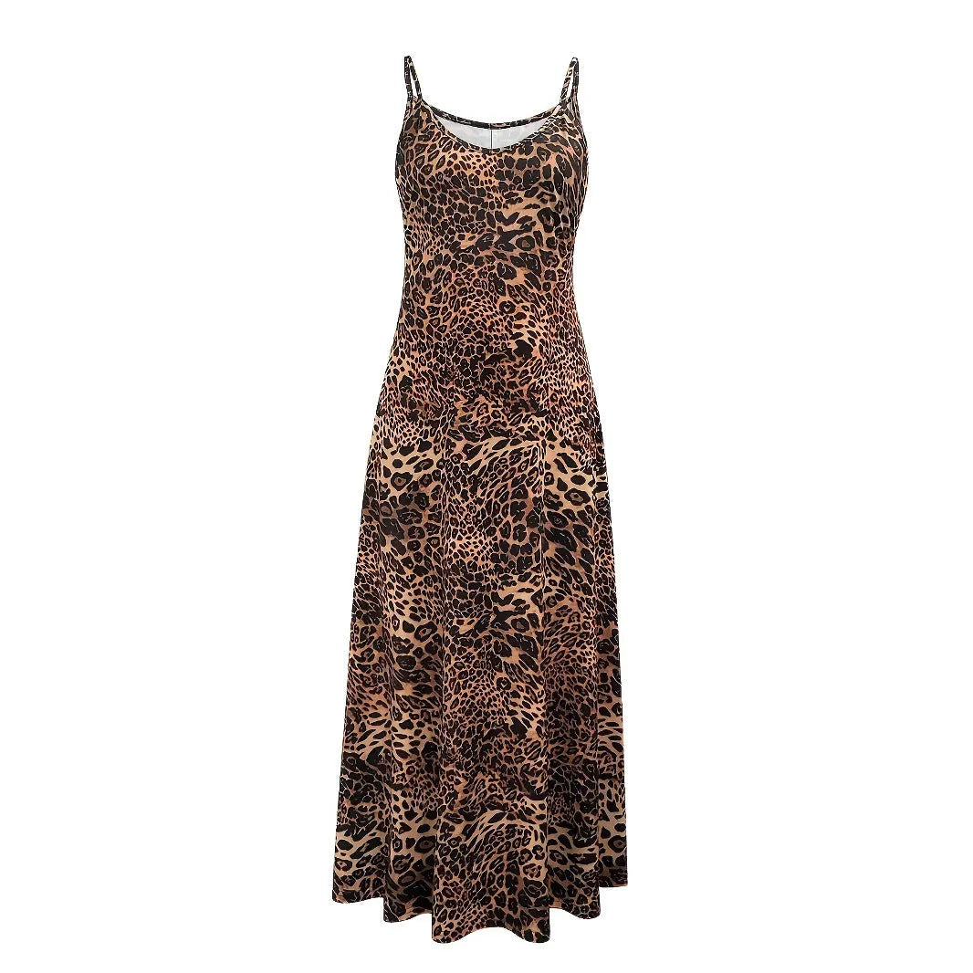 Dark brown leopard print sleeveless casual dress with shoulder straps and long skirt