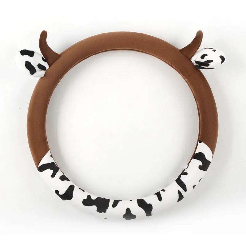 Short plush automotive steering wheel cover in black or coffee colour options showing soft fabric texture