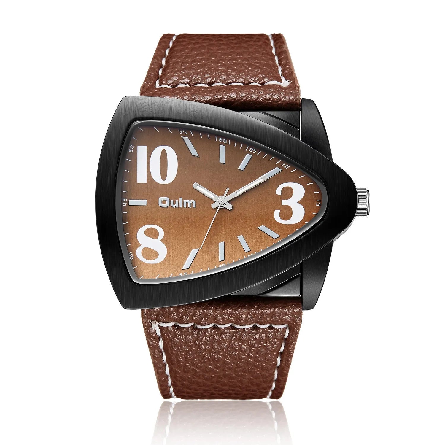 Men's casual brown triangle belt quartz watch with a 9mm thick case on a wrist.