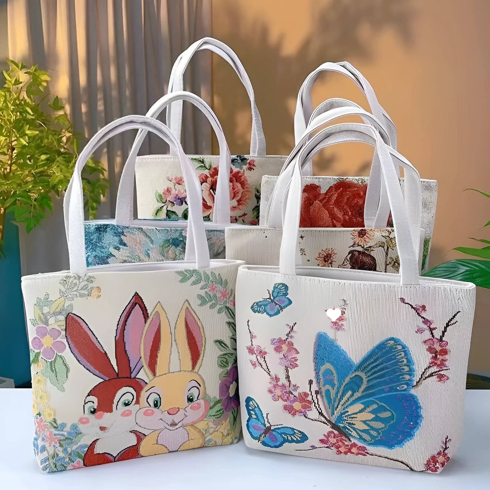 Canvas tote bag with gold wire embroidery in Bunny pattern, showing double-sided stitching detail