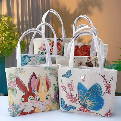 Canvas tote bag with gold wire embroidery in Bunny pattern, showing double-sided stitching detail