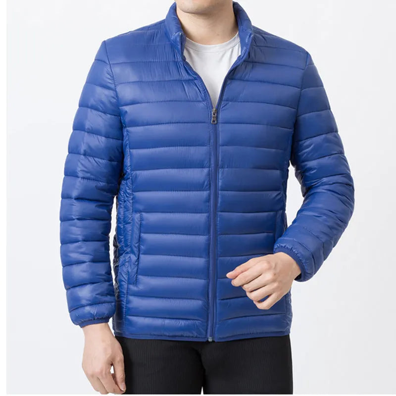 Men's lightweight quilted stand collar winter coat in black, down cotton filler, medium length 65cm, sizes M to 10XL