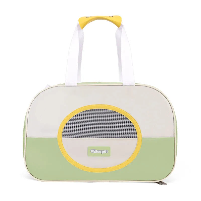 Blue foldable cat backpack made from Oxford cloth with contrast colour pattern and shoulder straps