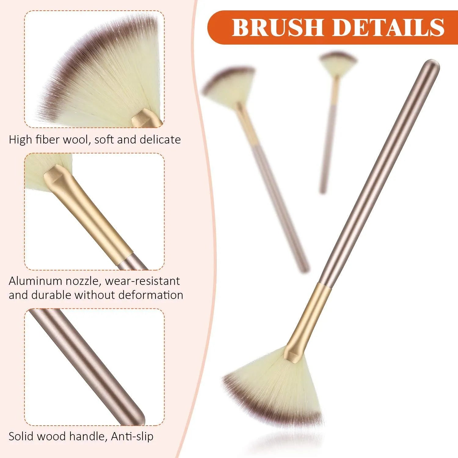 10 professional facial fan brushes with champagne handles and protective covers