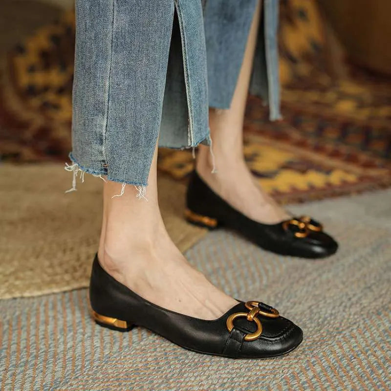 Wanwan Lei style Mary Jane pumps with shallow metal mouth, square toe, and low heel in various colours
