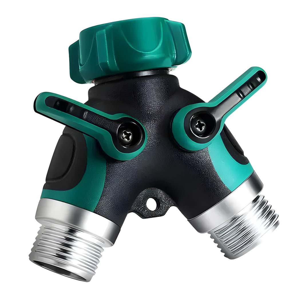 Green plastic Y type double-pass garden hose splitter with two outlets and brass-coloured inlet