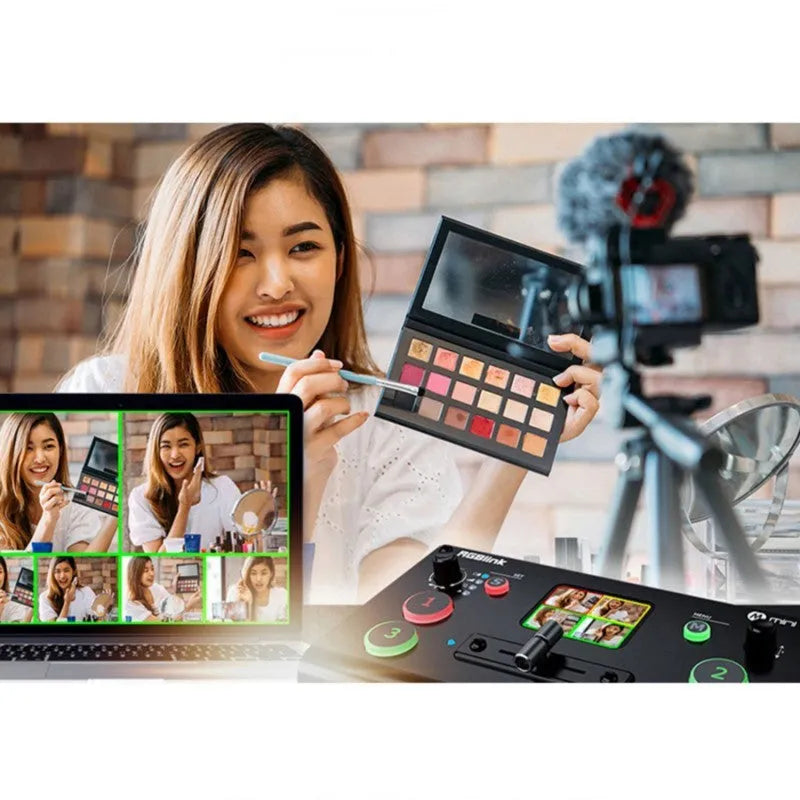 RGBLINK 4-way HDMI video production switcher unit with built-in screen and T-Bar switch.