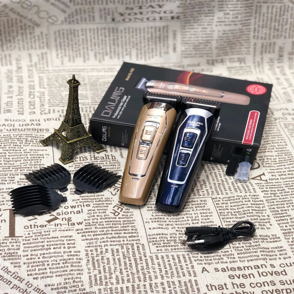 Dark blue rechargeable electric hair clipper with stainless steel blades and European plug