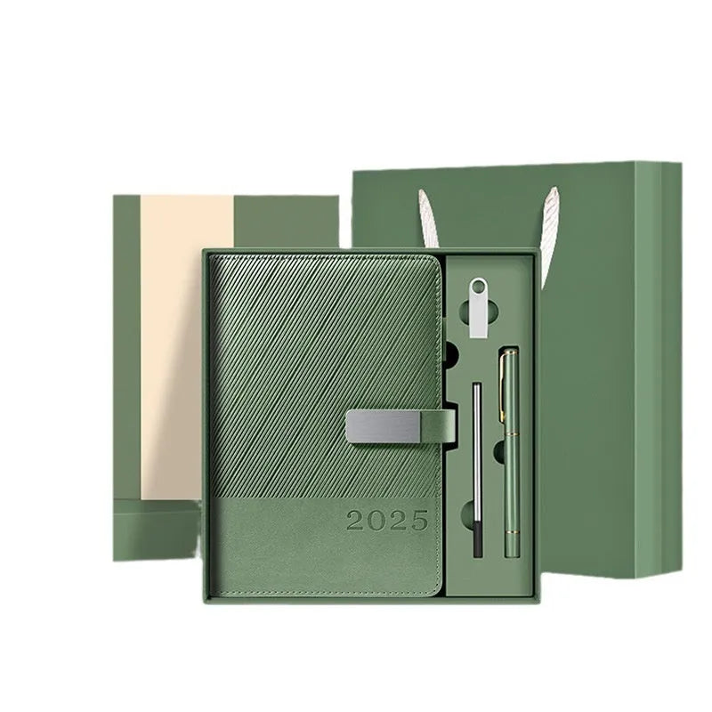 A5 business notepad with striped PU leather cover showing eight colour options open to reveal thick paper
