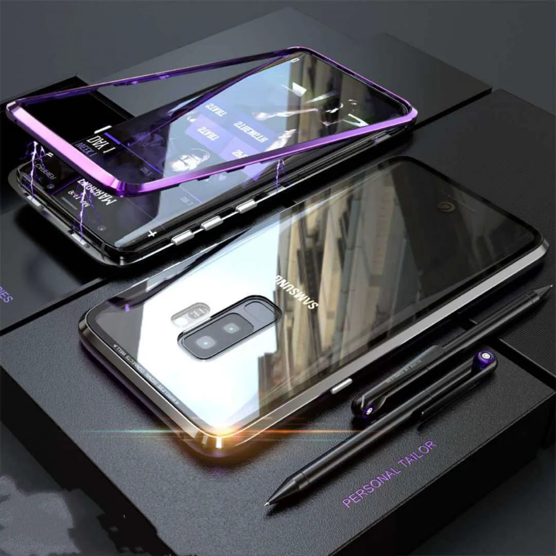 Black clamshell magnetic phone case for Samsung Galaxy with anti-peeping screen, open to show interior.